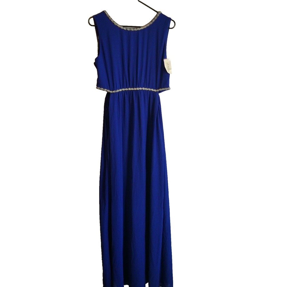 Forever 21 Dress Large Blue Long Sleeveless Cut Out V Back Beads Prom Dance